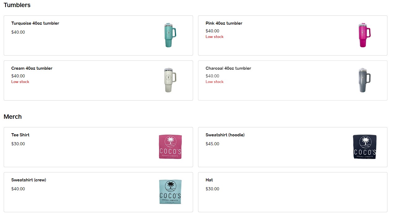 Image of different types of Coco's merch. Includes tumblers and apparel.