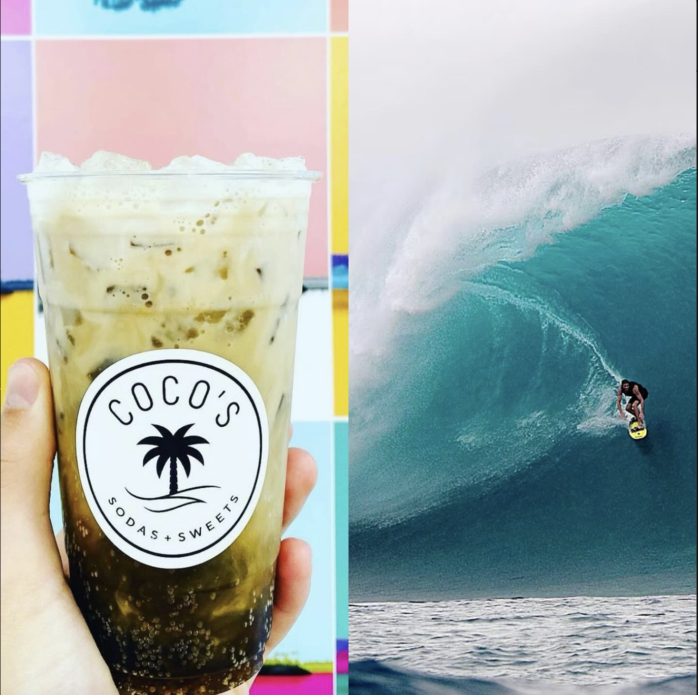 Image of a delicious Coco's drink next to a man surfing.
