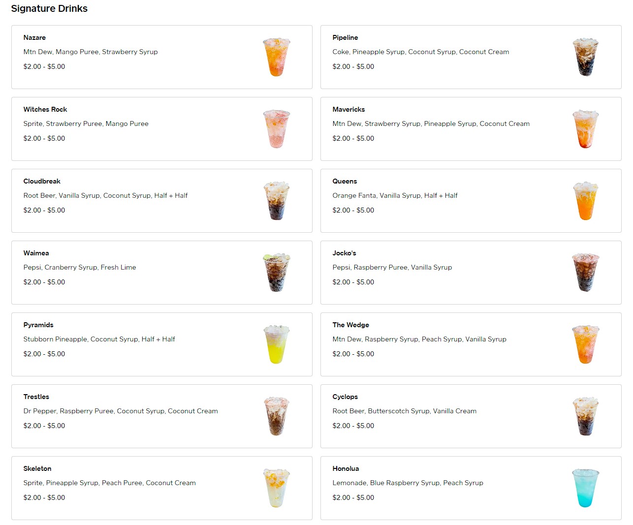 Image of Coco's soda menu.